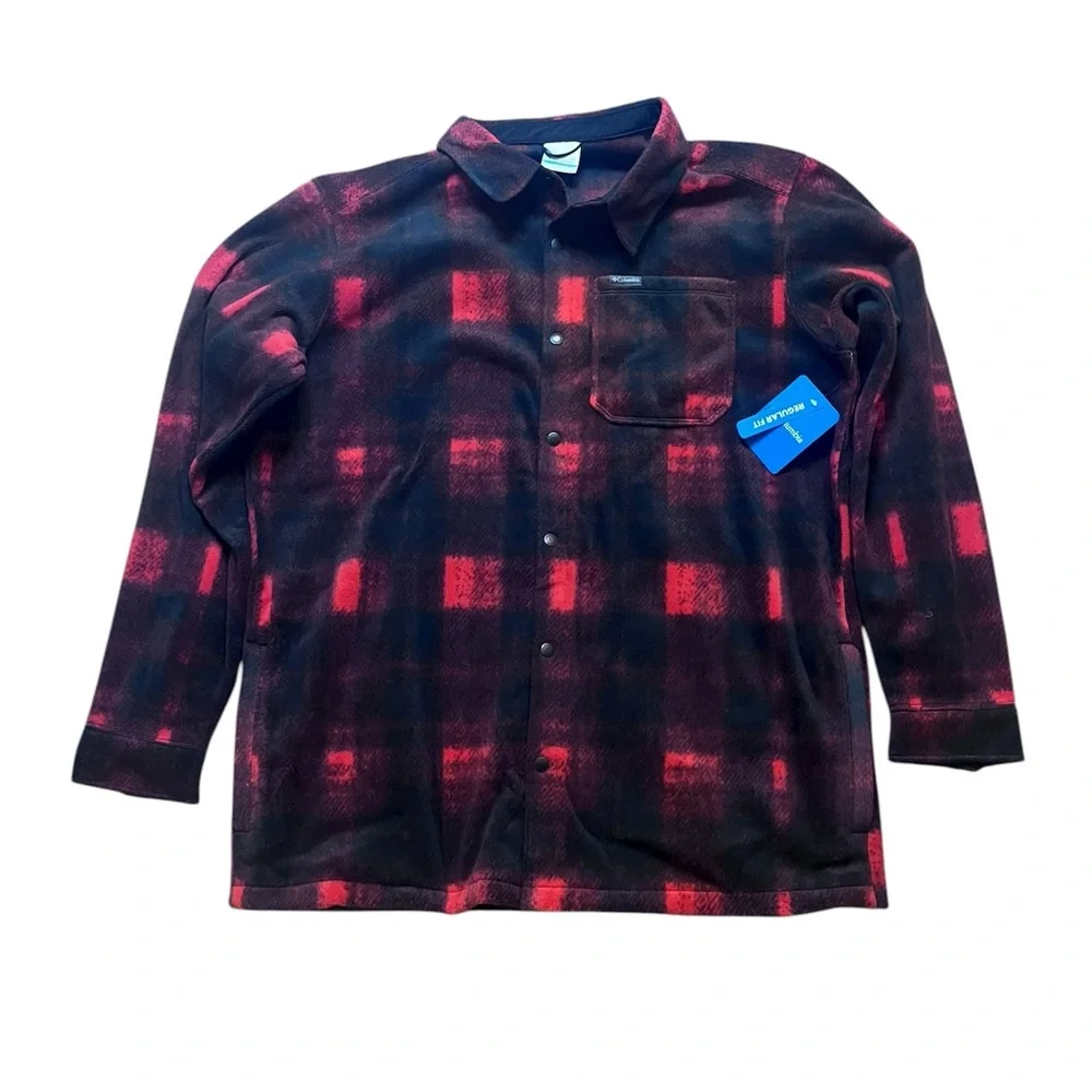 Columbia Mens Large Tall Steens Mountain Fleece Shirt Jacket Red Plaid Red Black